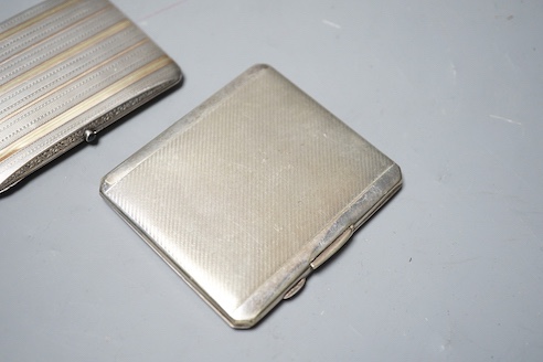 A 1920's silver and two colour yellow metal cigarette case, 92mm, gross 88 grams and a plated cigarette case.